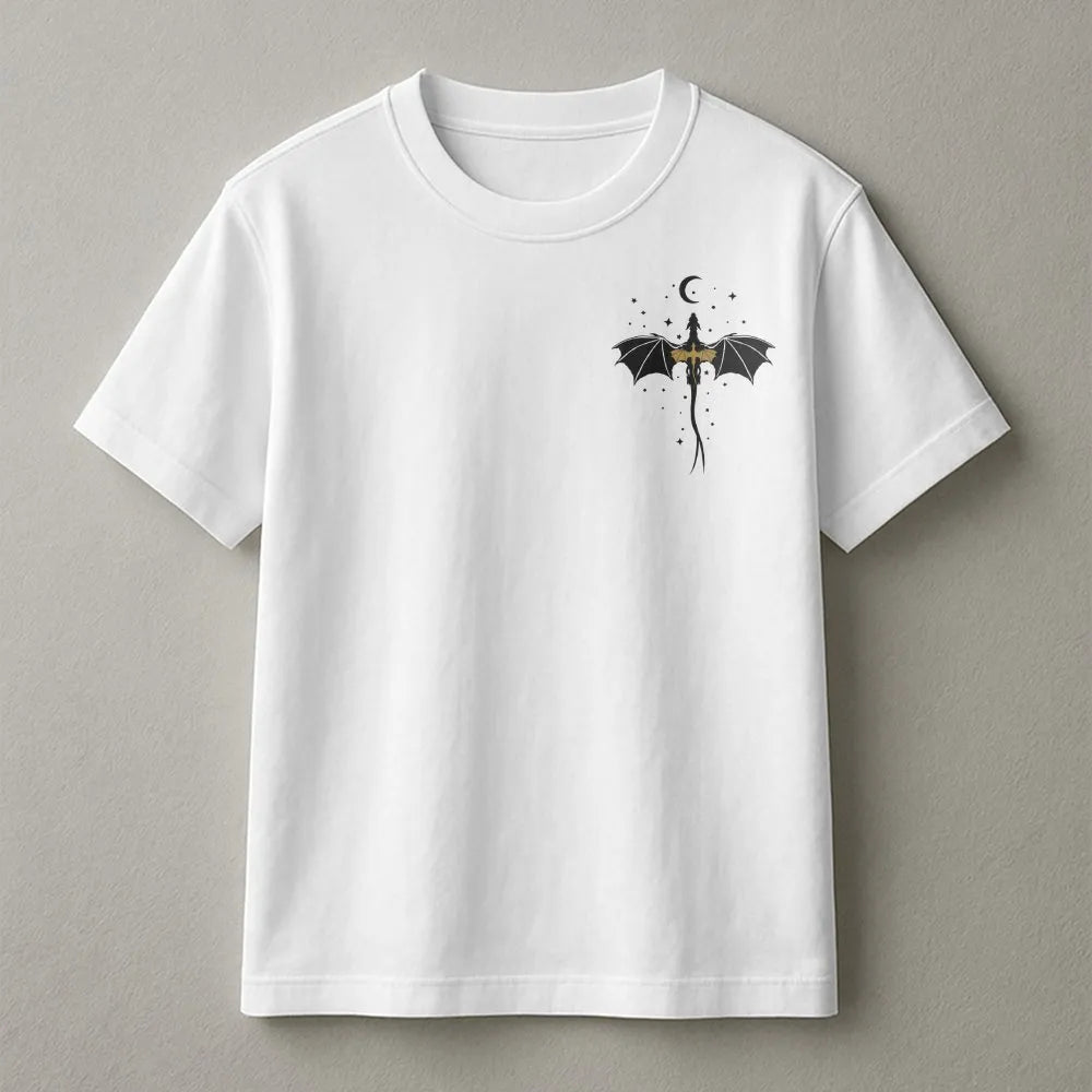 Minimalist Dragon T-Shirt | Celestial Sword Dragon Chest Graphic | Premium Cotton Blend | Fantasy Reader Gift