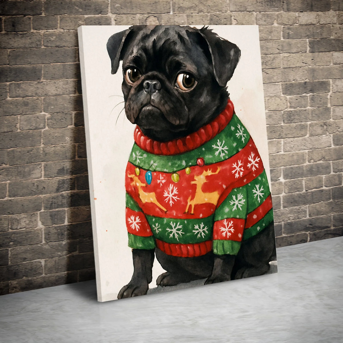 Ugly Sweater Pug Dog Canvas Print, Black Pug Christmas Canvas Wall Art, Holiday Pet Wall Decor, Adorable Christmas Animal Lov
