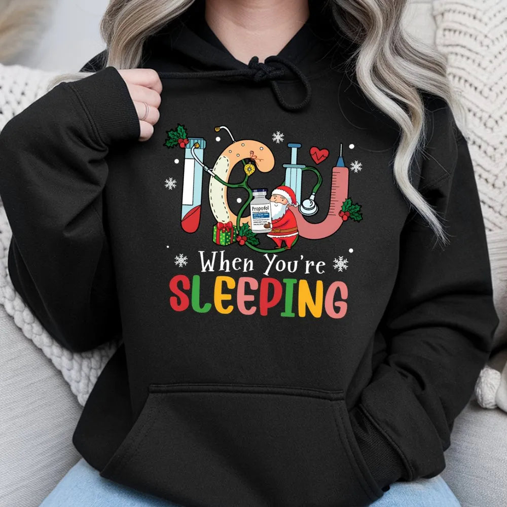 Intensive Care Unit Holiday Hoodie, ICU Nurse Christmas Hoodie, Humorous Medical Nursing Xmas Hoodie, Hospital Staff Graphic 