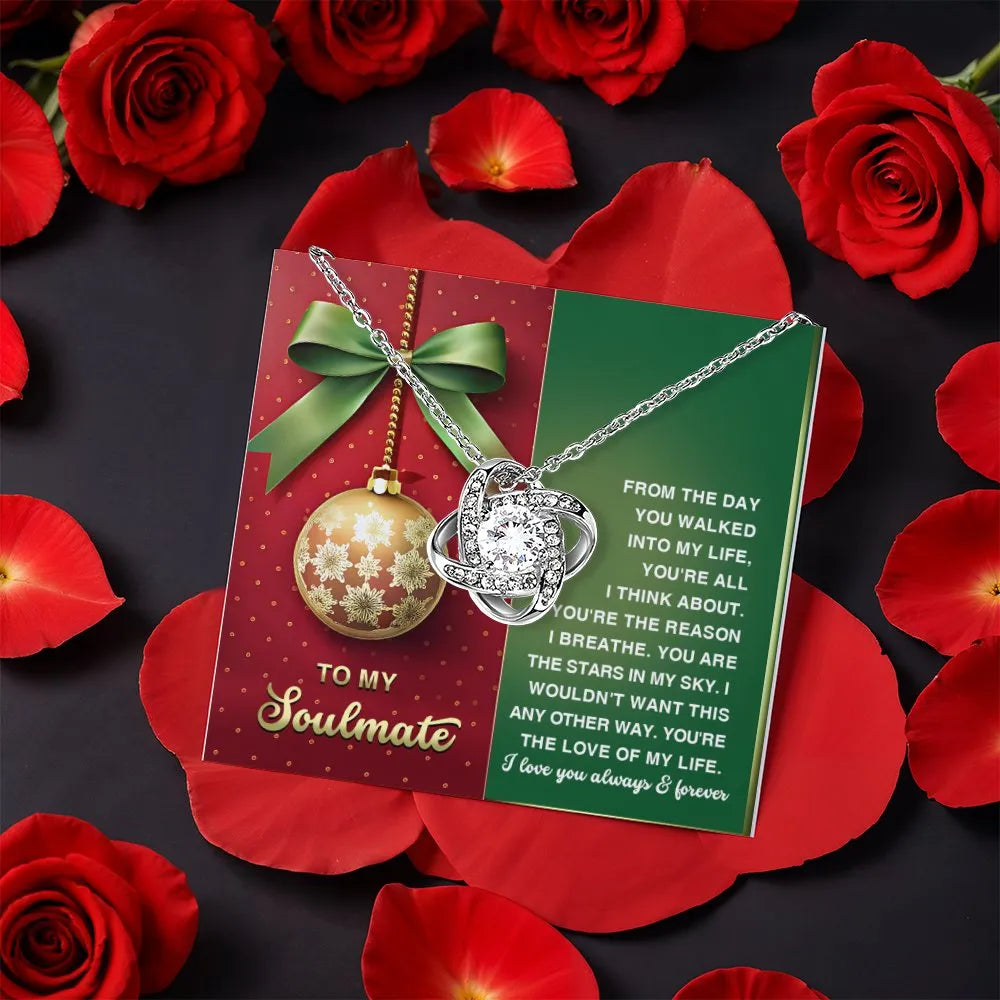 Message Card Holiday Love Knot Pendant, Soulmate Love Knot Necklace, Romantic Christmas Knot Necklace, White Gold Anniversary