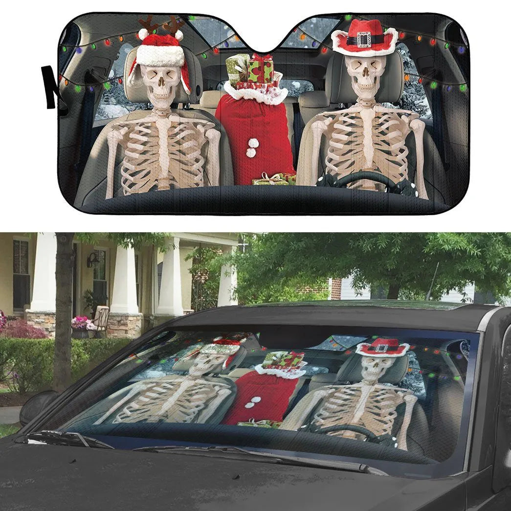 Holiday Windshield Sun Shade, Christmas Skeleton Couple Car Sunshade, Winter Gothic Auto Sunshade, Festive Sun Shade, Car Lov