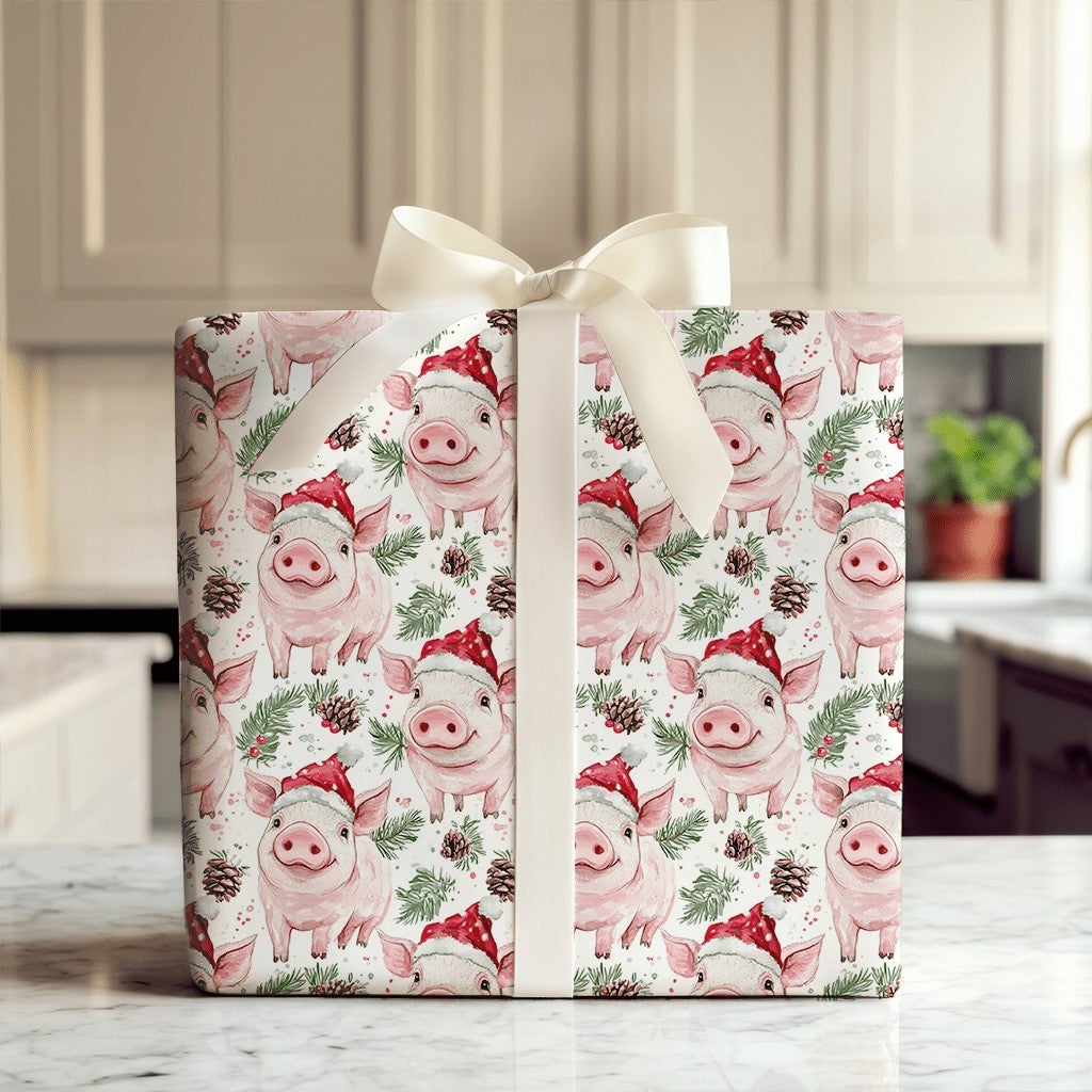 Adorable Watercolor Piglet Gift Wrap, Santa Hat Pig Wrapping Paper, Festive Animal Christmas Wrapping Paper, Whimsical Holida