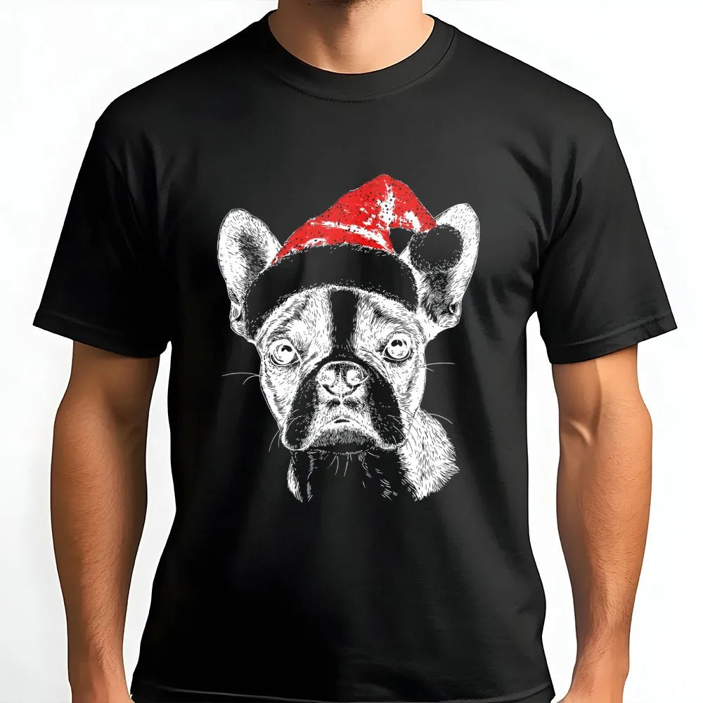 Santa Hat Frenchie Shirt, Boston Terrier Christmas T-Shirt, Adorable Holiday Dog Graphic Tee, Festive Puppy T-Shirt, Xmas Pre