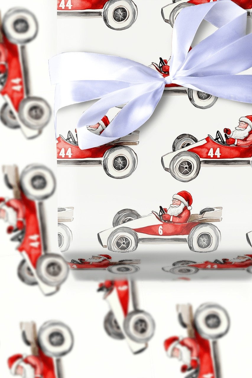 Number 6 and 44 Auto Racing Gift Wrap, Vintage Race Car Santa Wrapping Paper, Watercolor Motorsport Holiday Paper, Christmas 
