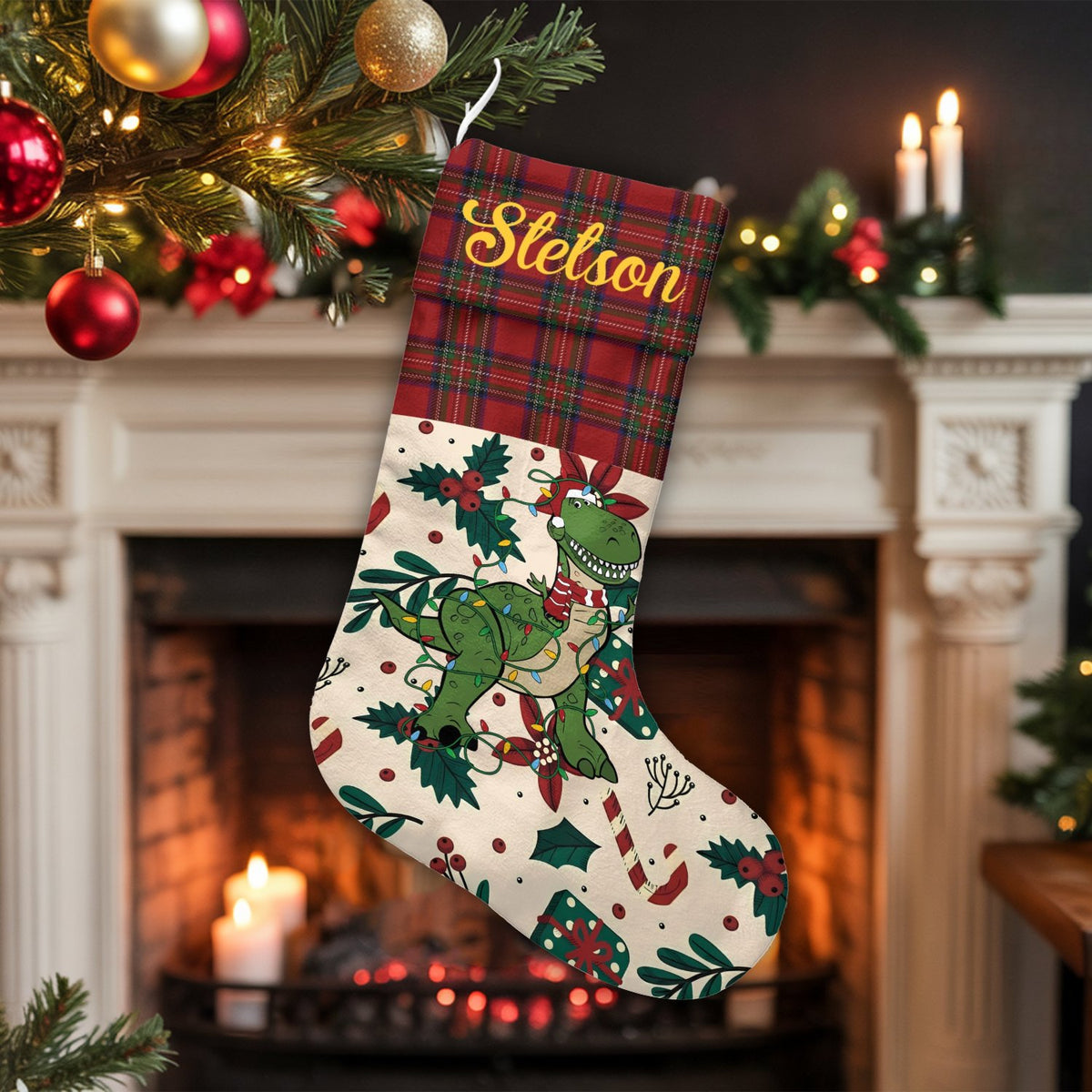 Adorable T-Rex Holiday Stocking, Personalized Dinosaur Christmas Stocking, Plaid Cuff Custom Kids Christmas Stocking, Festive