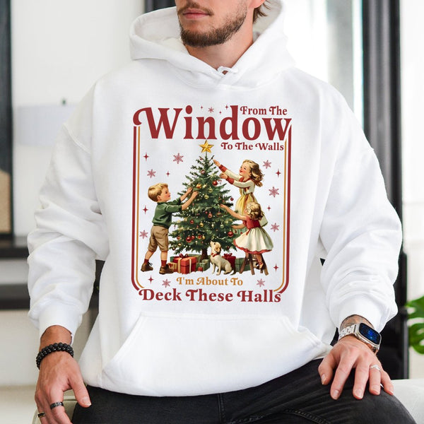 Retro Deck the Halls Hooded Sweatshirt, Humorous Christmas Hoodie, Holiday Graphic Pullover Hoodie, Winter Xmas Sweater Prese