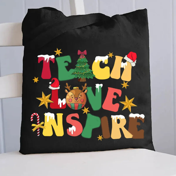 Teach Love Inspire Holiday Tote Bag, Christmas Teacher Canvas Tote Bag, Festive Winter School Bag, Teacher Christmas Apprecia