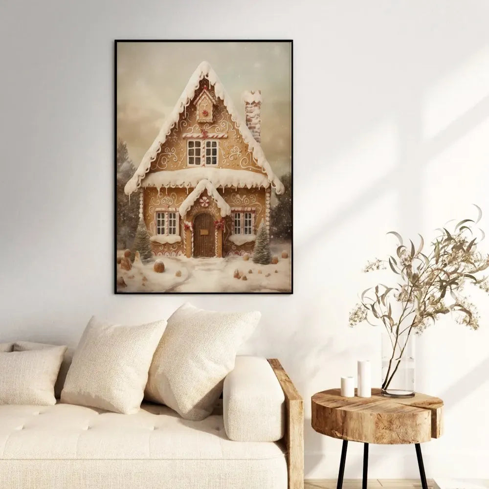 Vintage Winter Holiday Snow Poster, Gingerbread House Christmas Wall Art, Comfy Festive Christmas Cottage Print, Xmas Decor, 