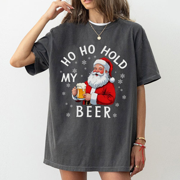 Humorous Christmas Drinking Shirt, Ho Ho Hold My Beer Santa T-Shirt, Drunk Santa Claus Tee, Retro Holiday Beer Lover Shirt, X
