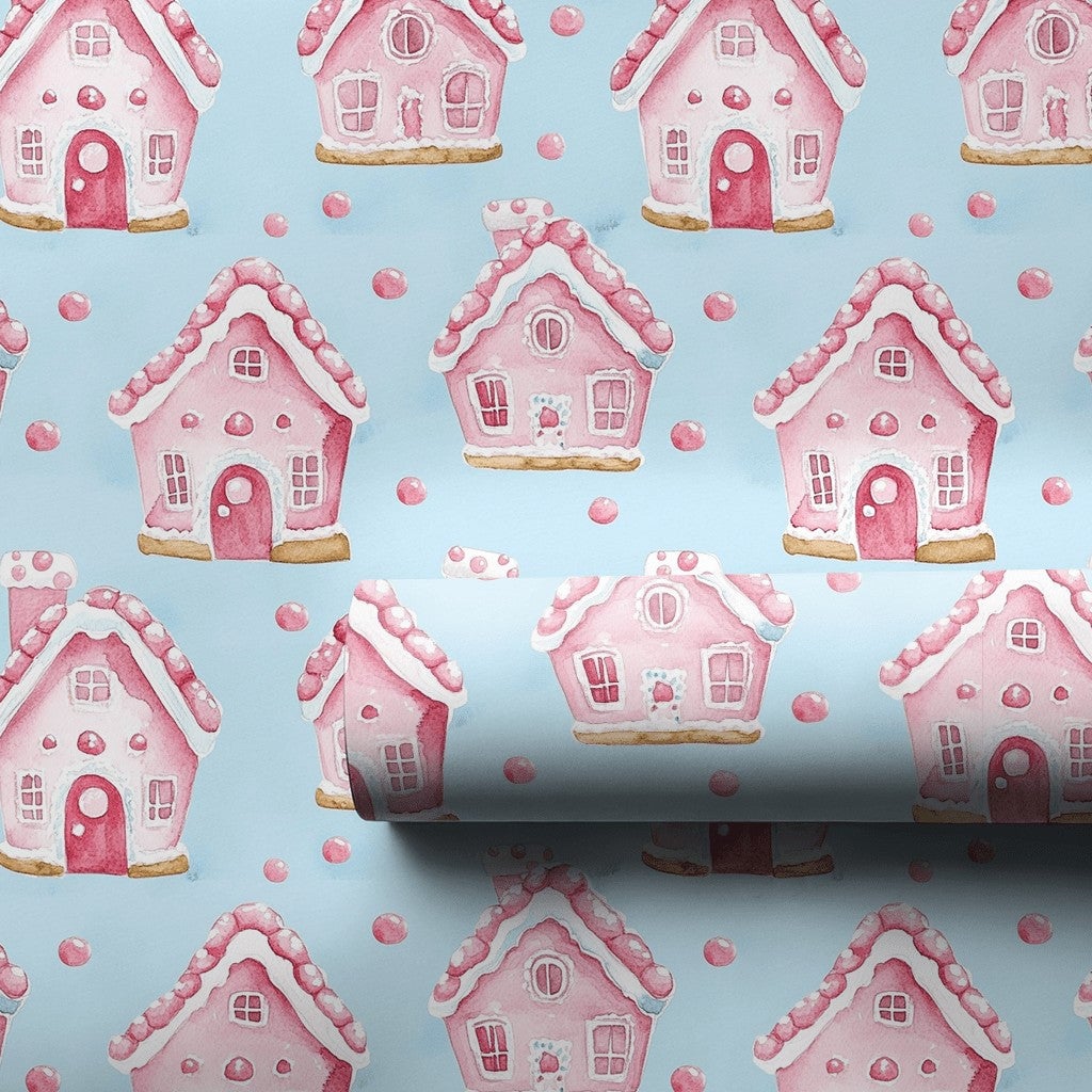 Pastel Christmas Wrapping Paper, Pink Gingerbread House Wrapping Paper, Watercolor Holiday Gift Wrap, Adorable Winter Present