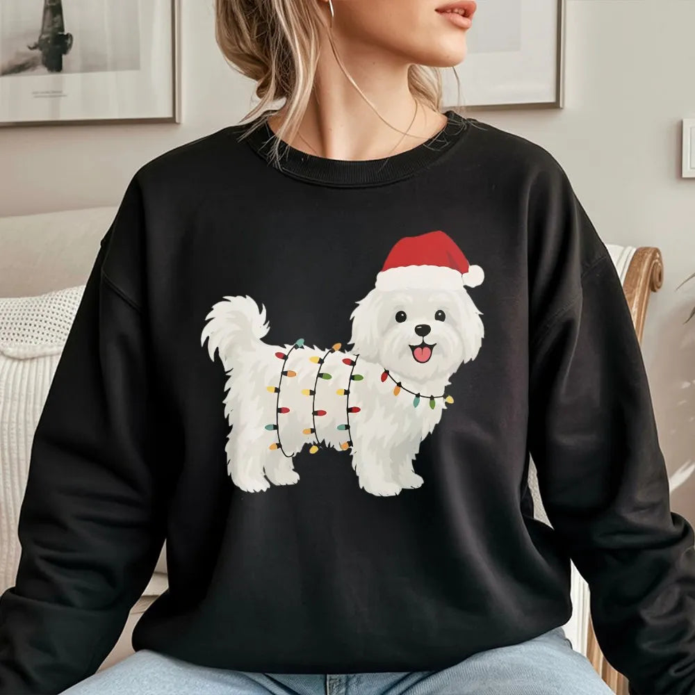 Adorable Dog Fairy Lights Sweatshirt, Maltese Christmas Sweatshirt, Festive Pet Dog Crewneck, Holiday Puppy Sweatshirt, Prese