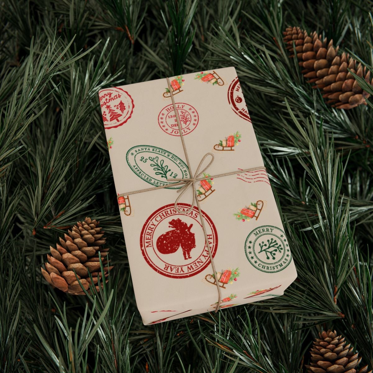 Festive Postal Stamp Holiday Gift Wrap, Vintage Christmas Wrapping Paper, Retro Postage Wrapping Paper Roll, Xmas Gift Wrap P