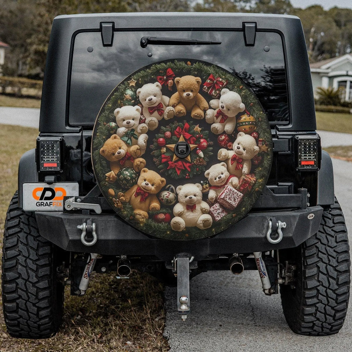 Festive Christmas Holiday Wheel Cover, Teddy Bear Wreath Spare Tire Cover, Adorable Winter Decor Tire Cover for Jeep SUV Truc