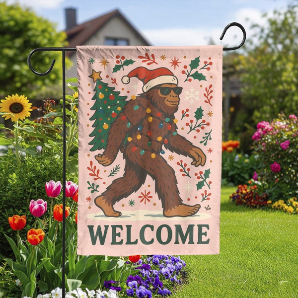 Humorous Santa Sasquatch Lawn Flag, Bigfoot Christmas Garden Flag, Winter Holiday Yard Flag, Outdoor Welcome Flag, Adorable S