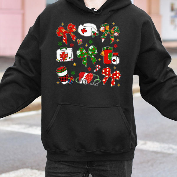 Stethoscope Xmas Sweatshirt, Coquette Bow Nurse Christmas Hoodie, Adorable RN Holiday Hooded Pullover, Healthcare Worker Pres
