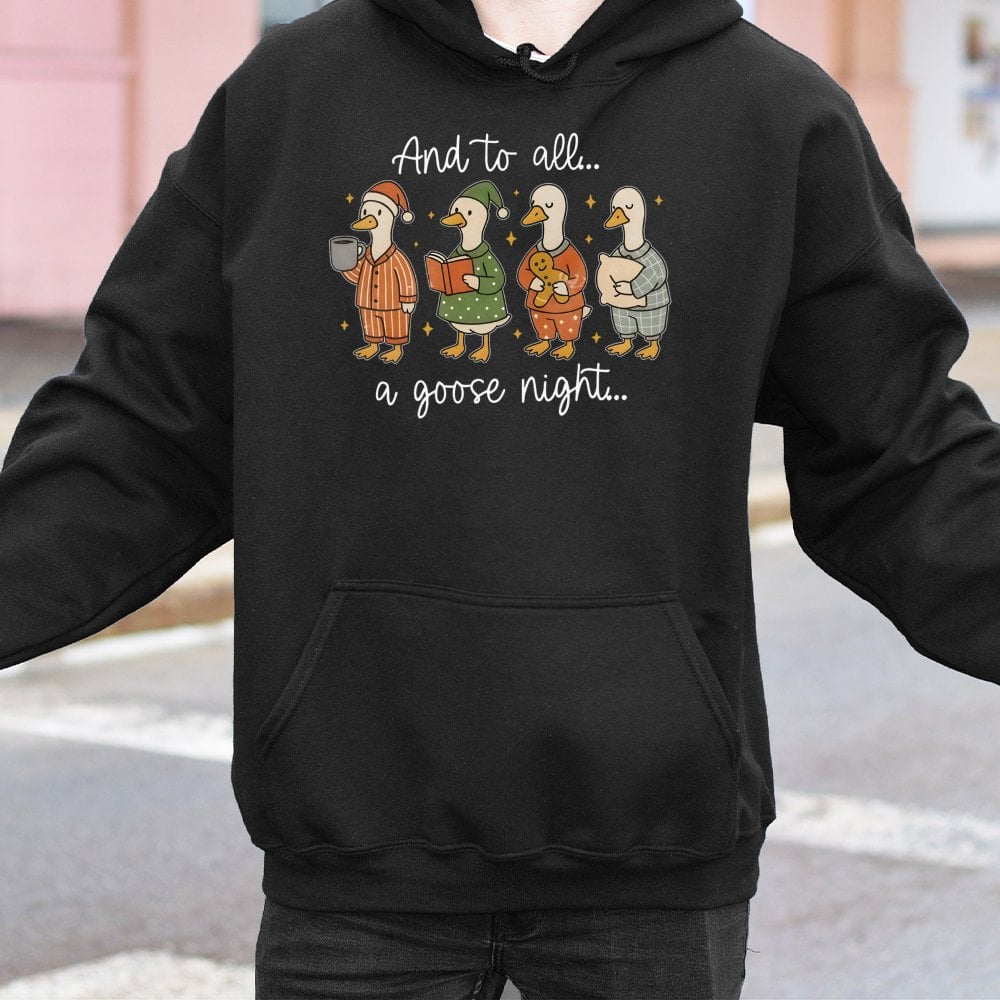 Adorable Pajama Geese Graphic Hooded Sweatshirt, Goose Christmas Hoodie, Silly Goose Holiday Pullover, Humorous Xmas Present 