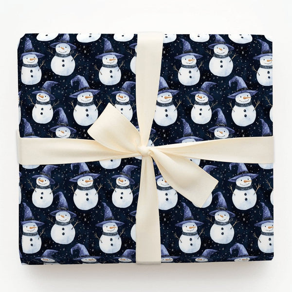 Magical Starry Night Gift Wrap, Wizard Snowman Wrapping Paper, Adorable Watercolor Snowman Gift Wrapping Paper, Holiday Chris