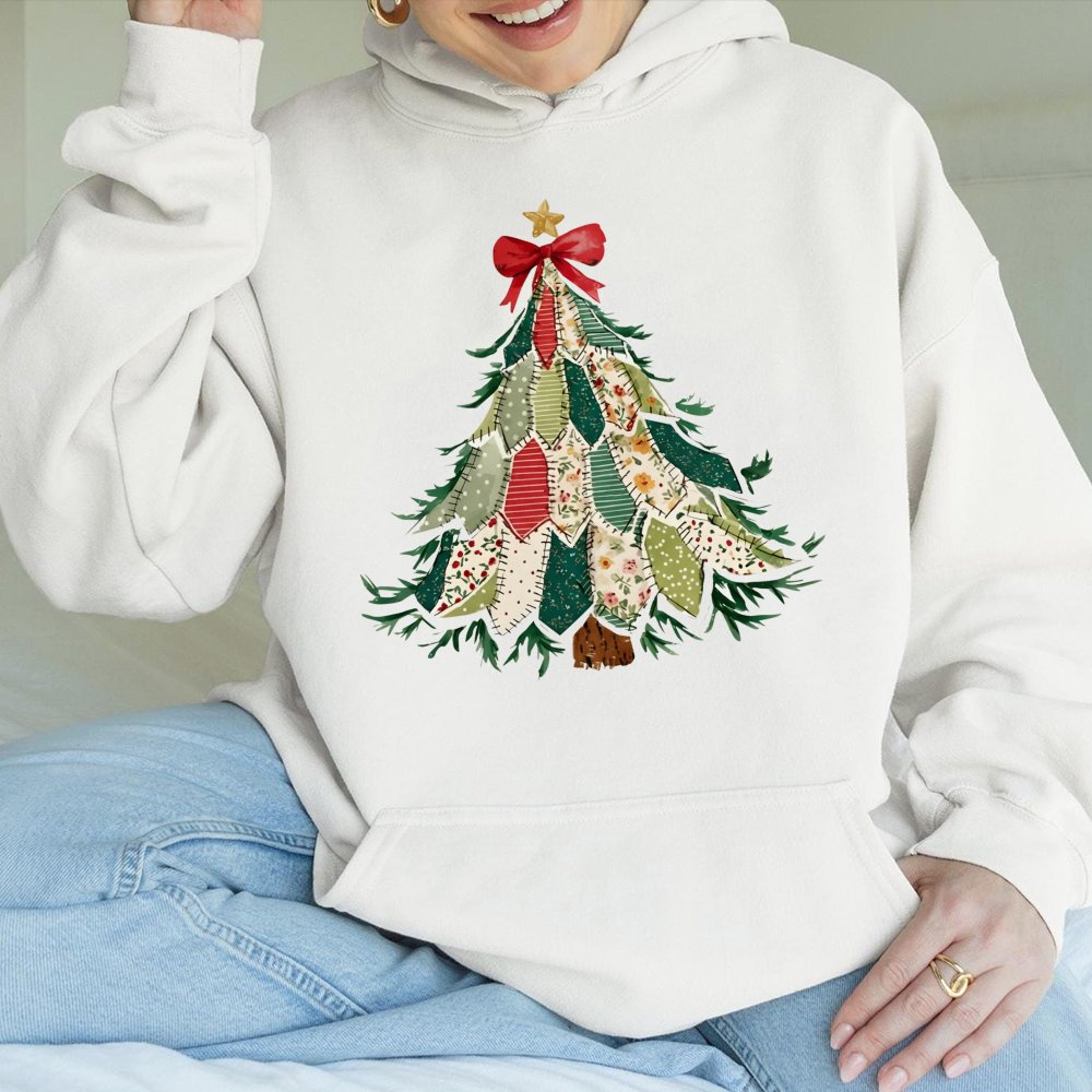 Quilted Style Holiday Graphic Sweatshirt, Patchwork Christmas Tree Hoodie, Comfy Rustic Pine Tree Pullover, Winter Aesthetic 