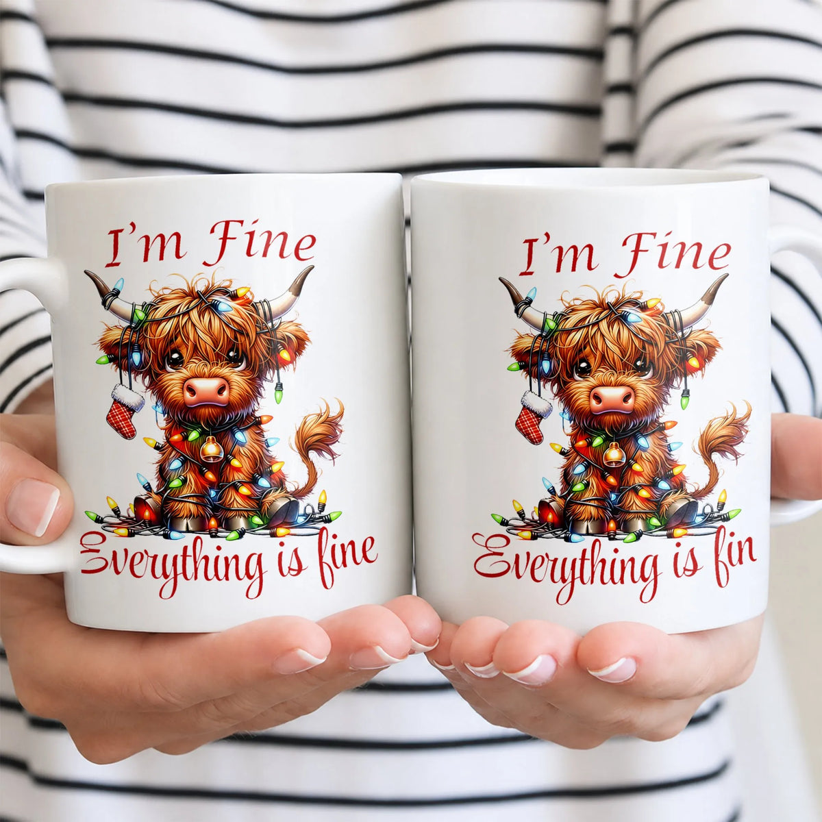 Tangled Lights Coffee Cup, Highland Cow Christmas Mug, Im Fine Everything Is Fine Ceramic Mug, Holiday Cow Lover Present, Sec