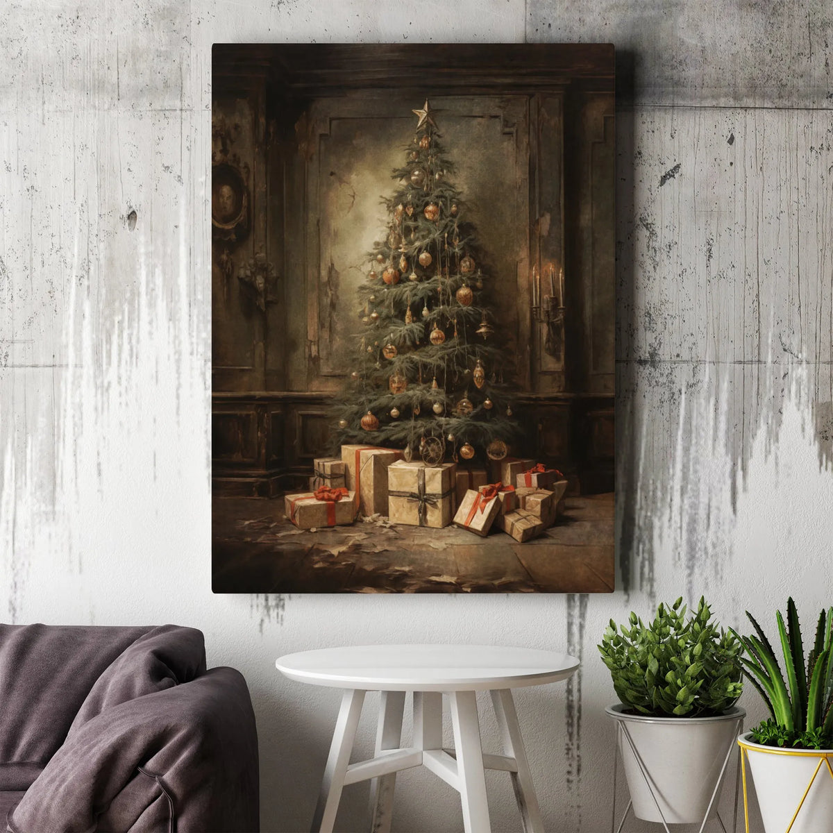 Old World Christmas Canvas Art, Vintage Christmas Tree Wall Art Digital Download, Rustic Holiday Tree Painting, Printable Chr