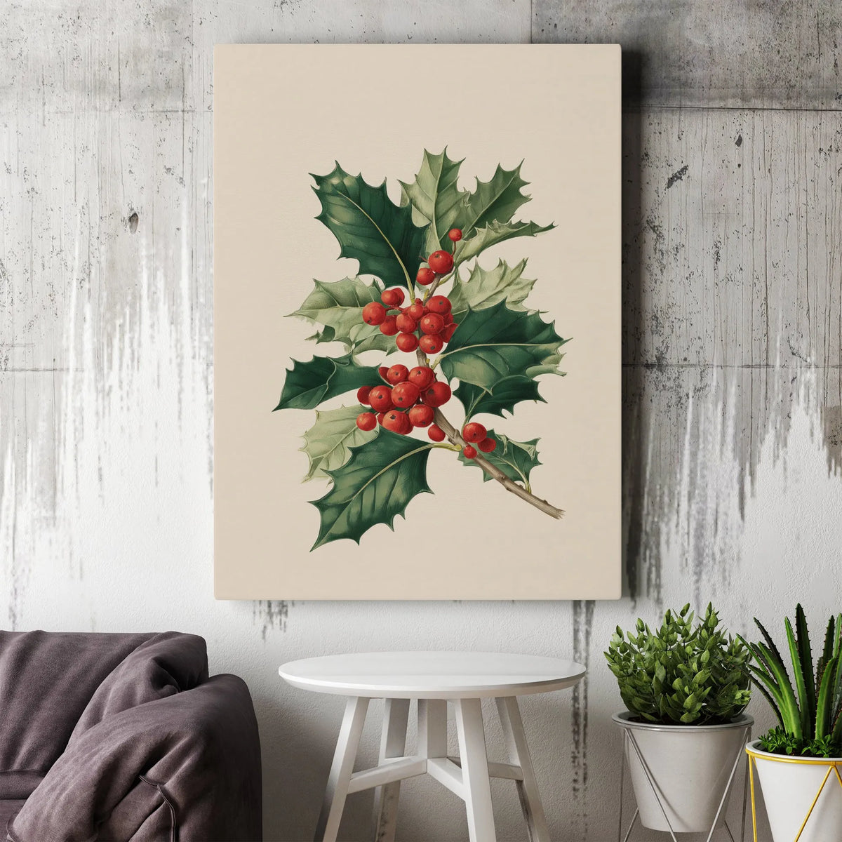 Classic Christmas Wall Art, Vintage Holly Berry Botanical Canvas Print, Holiday Botanical Poster, Festive Xmas Decor, Digital