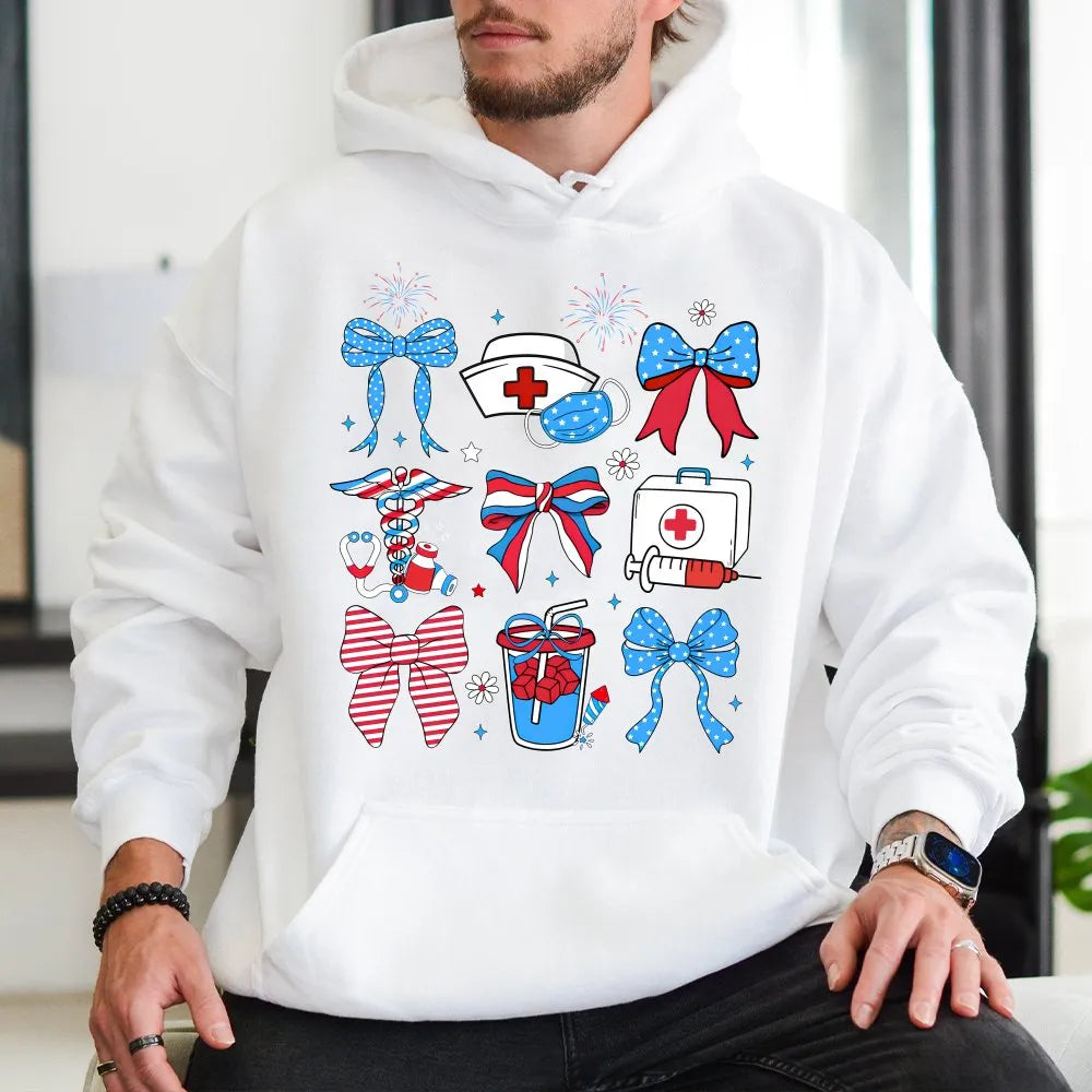 Holiday Bows Nurse Hooded Sweatshirt, Medical Nurse Christmas Hoodie, Festive Healthcare Pullover Hoodie, Xmas Nursing Studen
