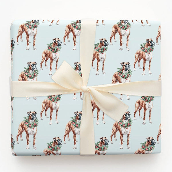 Holiday Wreath Pet Gift Wrap, Boxer Dog Christmas Wrapping Paper, Boxer Puppy Festive Wrapping Paper, Adorable Dog Lover Pres