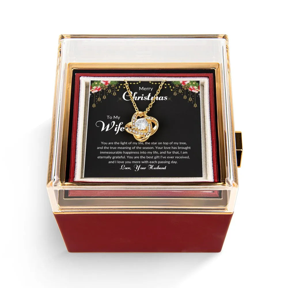 Rotating Rose Box Pendant, Wife Christmas Love Knot Necklace, Romantic Holiday Wife Necklace, CZ Crystal Love Knot Necklace, 