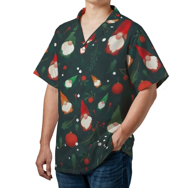 Festive Holiday Gnomes Button Up Shirt, Christmas Gnome Hawaiian Shirt, Ugly Xmas Party Summer Shirt, Tropical Winter Vacatio