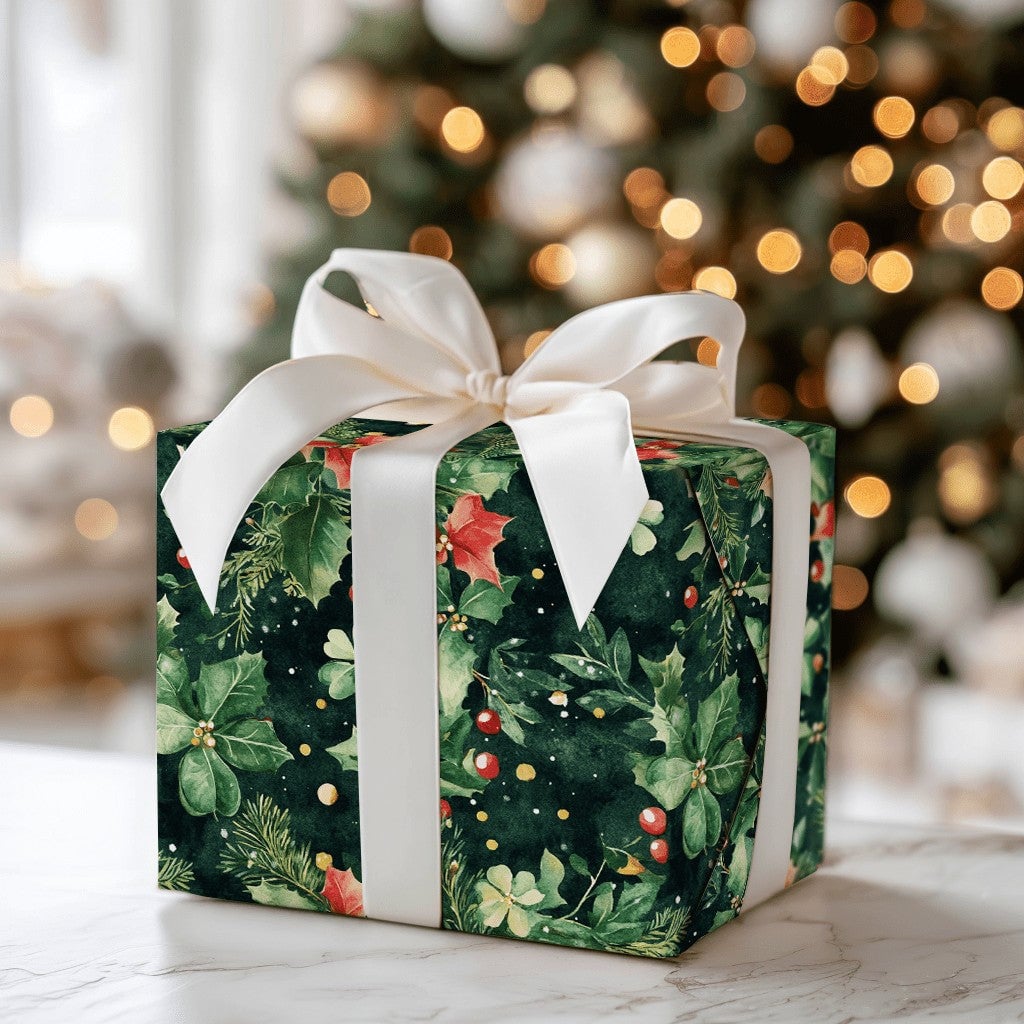Pine Holly Christmas Gift Wrap, Watercolor Poinsettia Wrapping Paper, Botanical Winter Wrapping Paper, Traditional Holiday Wr