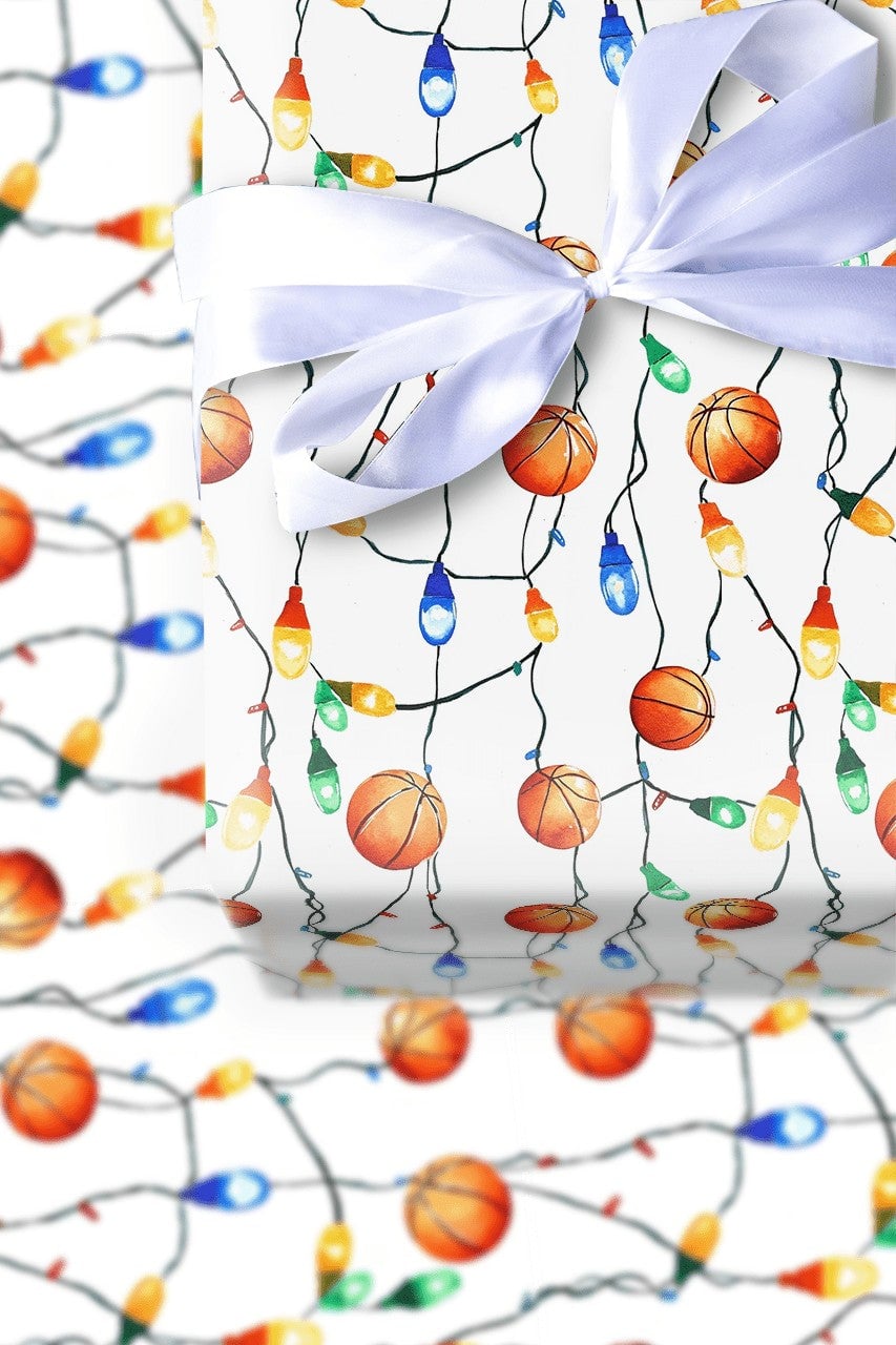 Sports Holiday Gift Wrap, Basketball Christmas Wrapping Paper, Xmas Lights Wrapping Paper, Basketball Fan Gift Wrap, Holiday 