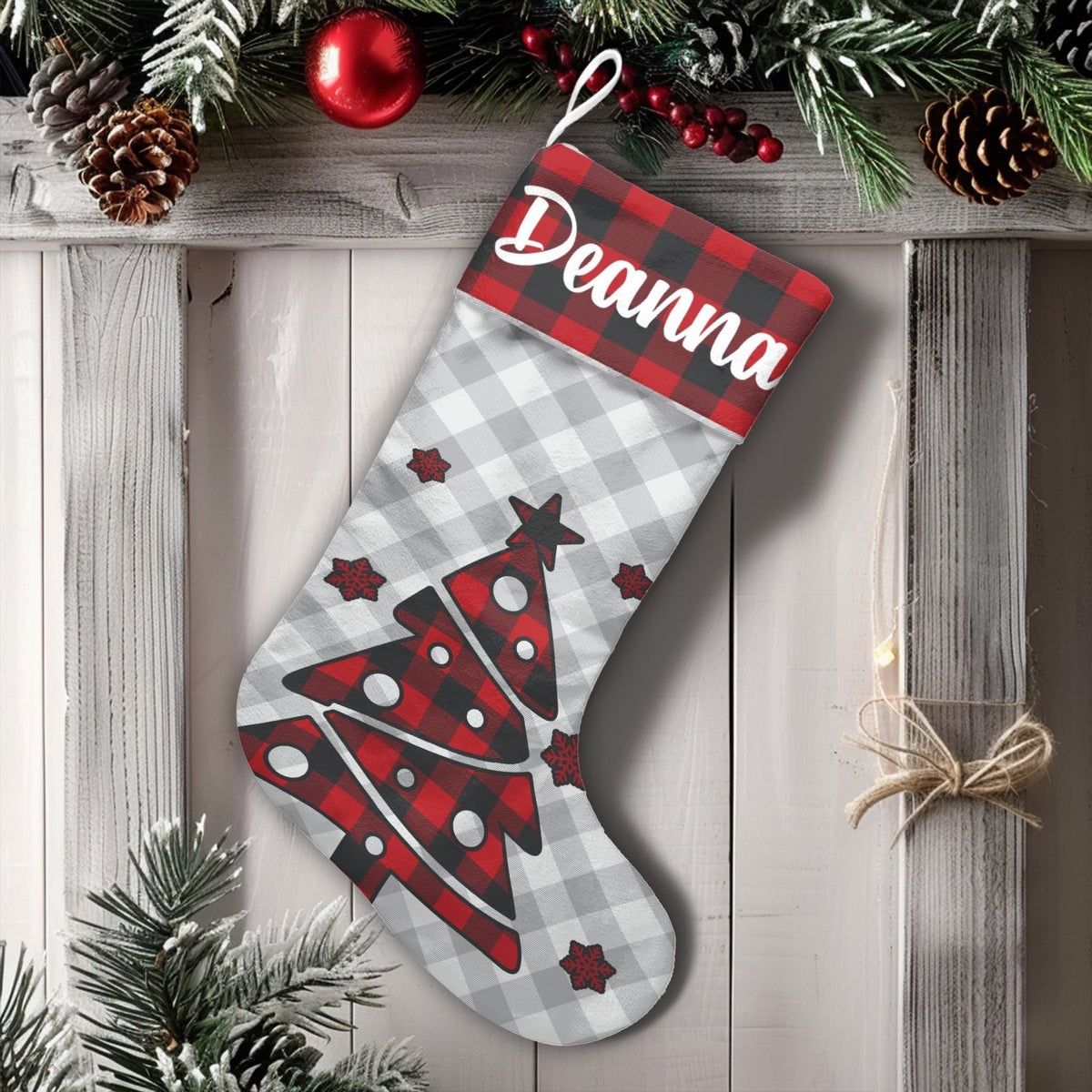 Custom Name Christmas Stocking, Personalized Buffalo Plaid Tree Christmas Stocking, Rustic Pine Holiday Stocking, Comfy Famil