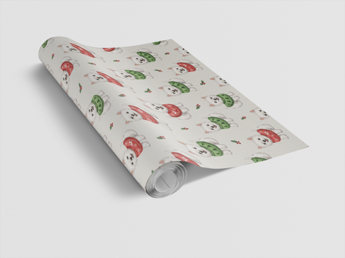 Holiday Sweater Dog Gift Wrap, Westie Christmas Wrapping Paper, Watercolor Present Wrap, West Highland Terrier Lover Present 