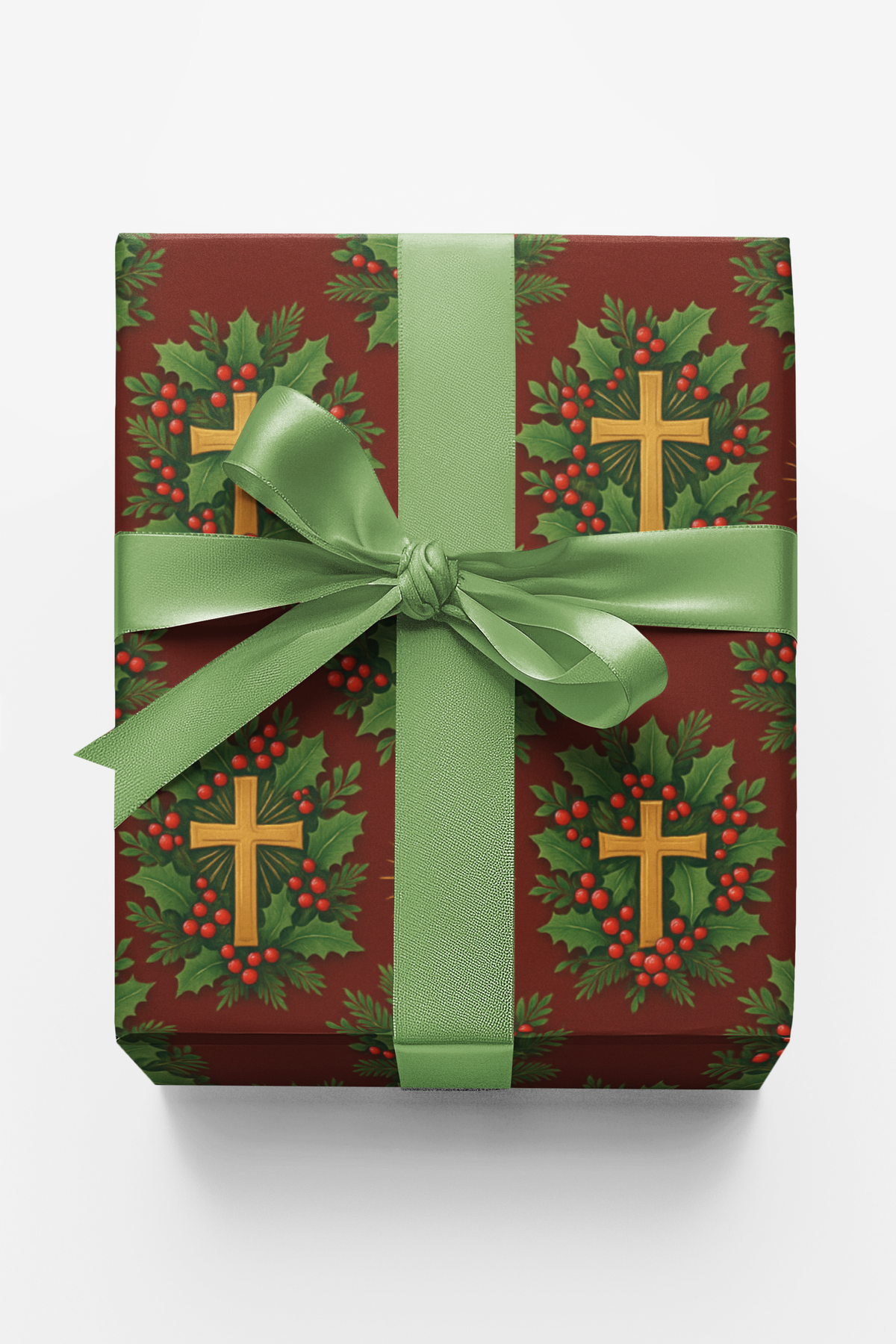 Holly Berry Christmas Gift Wrap, Gold Cross Wrapping Paper, Religious Christmas Wrapping Paper, Christian Holiday Gift Wrap P