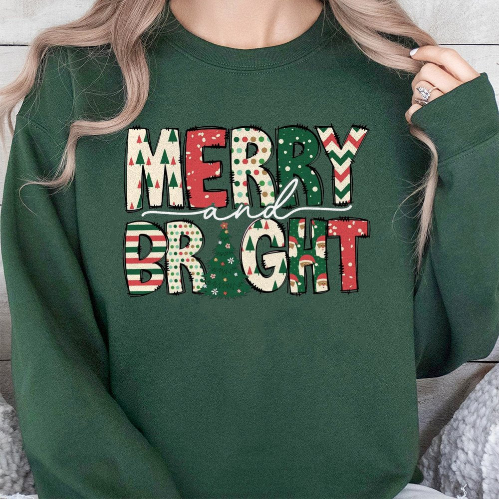 Retro Christmas Sweatshirt, Merry and Bright Sweatshirt, Vintage Christmas Holiday Crewneck, Adorable Merry and Bright Xmas S