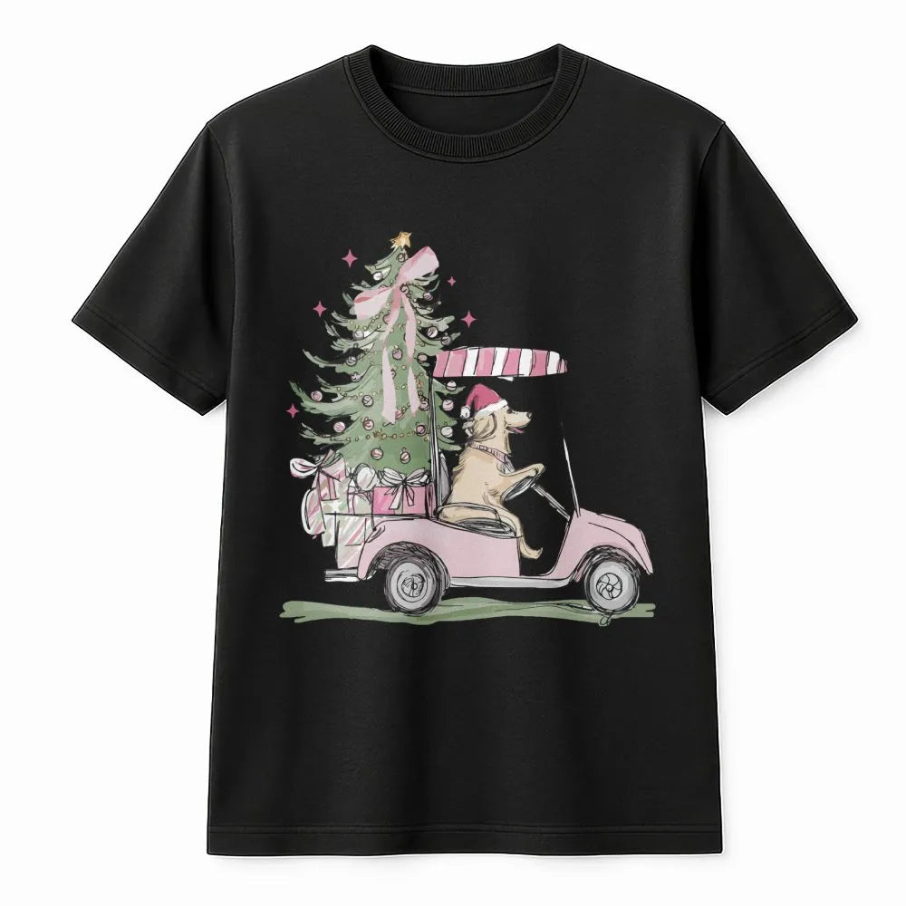 Golf Cart Holiday Dog Shirt, Christmas Golden Retriever T-Shirt, Adorable Xmas Retriever Graphic Tee, Humorous Dog Lover Shir