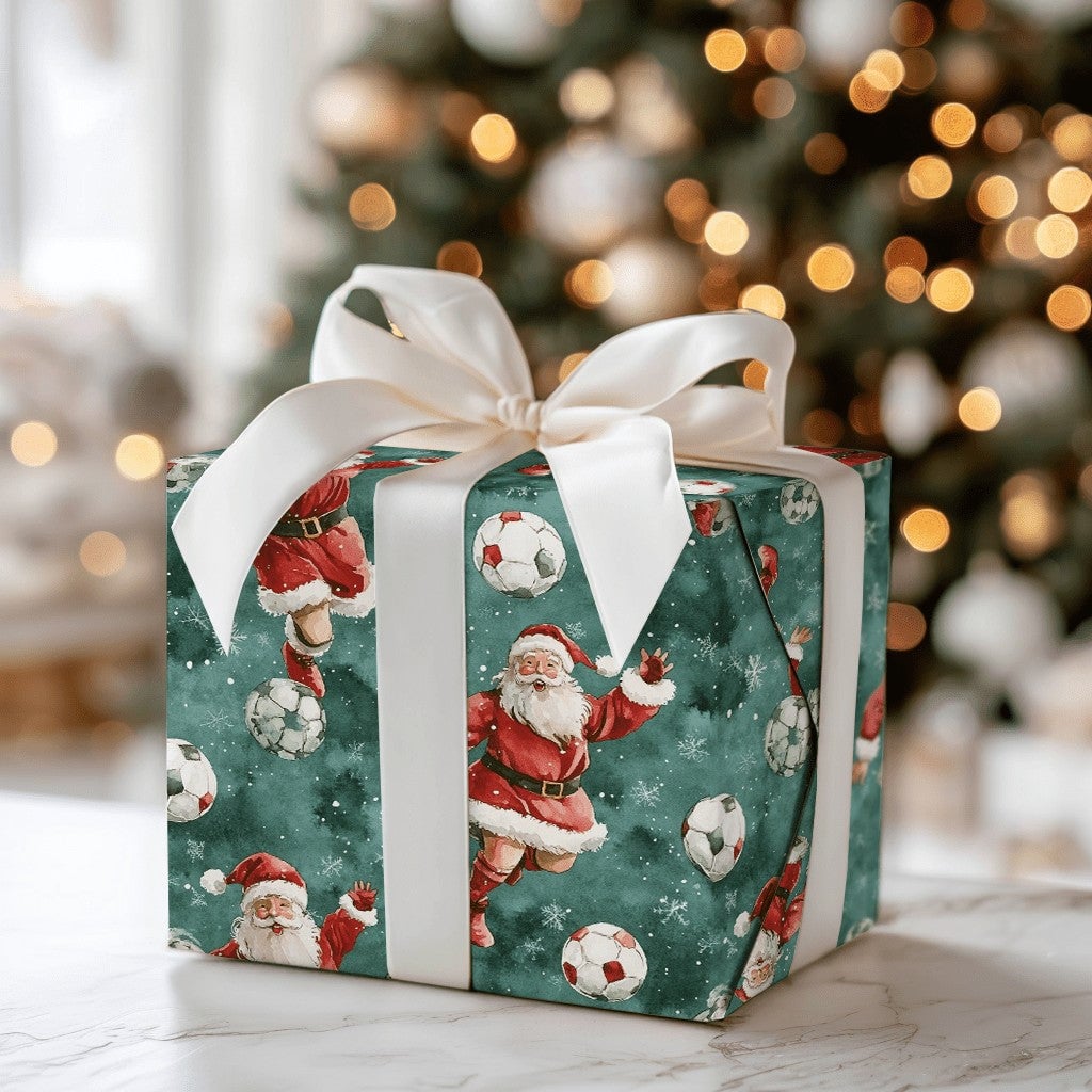 Sports Santa Holiday Gift Wrap Roll, Soccer Santa Christmas Wrapping Paper, Football Player Present Paper, Athletic Kid Gift 
