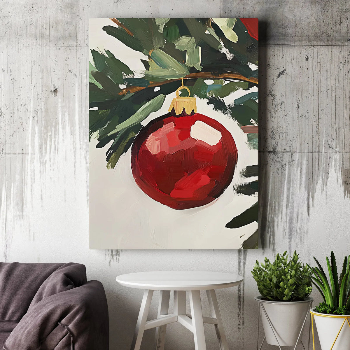 Red Bauble Pine Branch Canvas Print, Christmas Ornament Wall Art, Rustic Holiday Oil Painting Style Wall Art, Winter Festive 