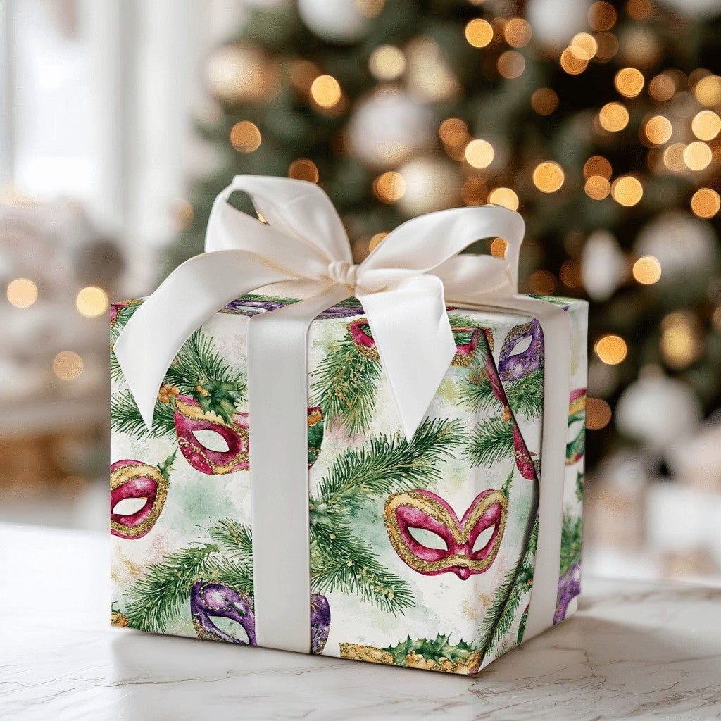 Venetian Mask Holiday Gift Wrap, Christmas Masquerade Wrapping Paper, Watercolor Festive Pine Gift Wrap, Winter Party Gift Wr