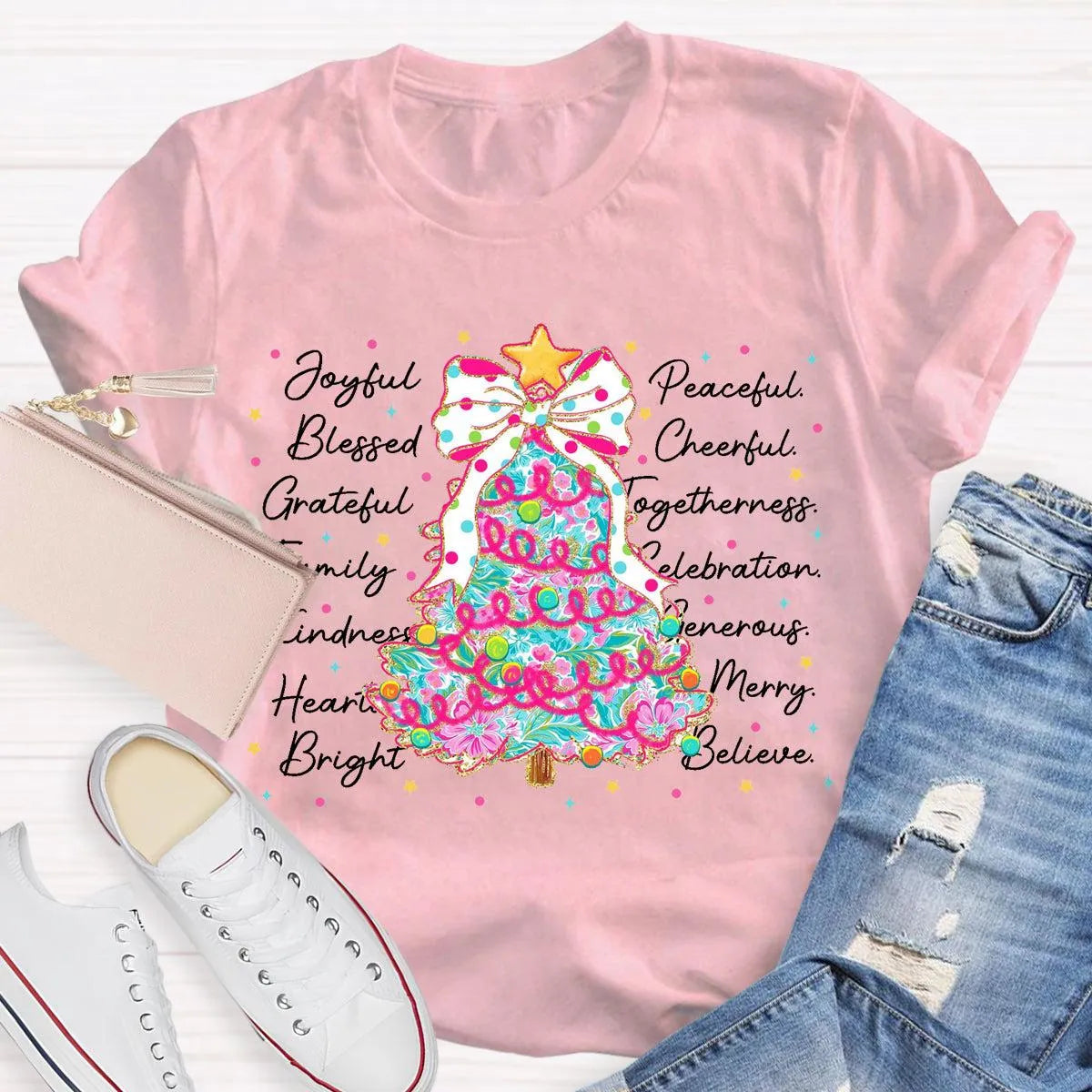 Aesthetic Holiday Graphic Tee, Joyful Peaceful Cheerful Christmas Tree T-Shirt, Retro Xmas Tree Shirt, Festive Winter Holiday