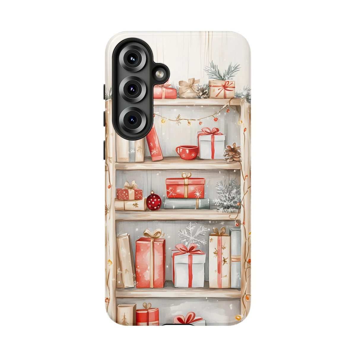 Watercolor Holiday Presents Phone Case, Christmas Shelf Phone Case Samsung Galaxy, Festive Ornaments Tough Phone Cover, Xmas 