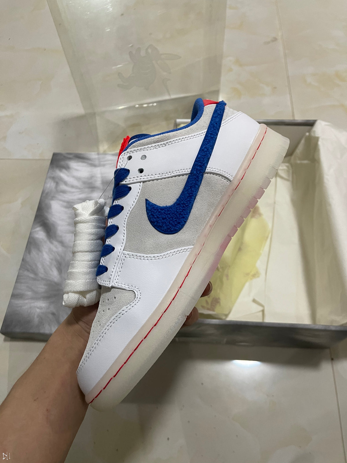 Low Top Sneakers, Blue White Red Colorway, Lace Up Design, Casual Gift for Sneaker Fans