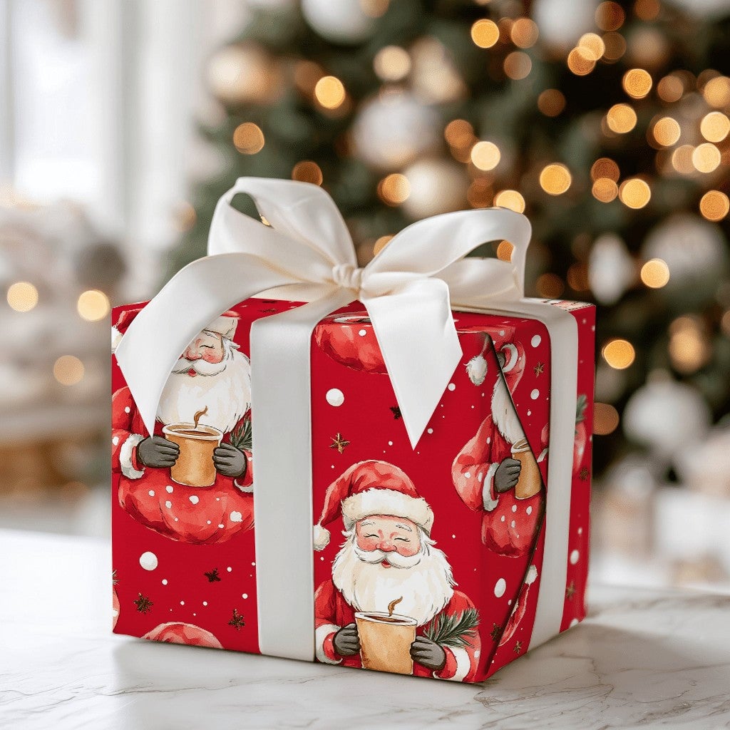 Red Cocoa Santa Claus Gift Wrap, Adorable Santa Christmas Wrapping Paper, Snowflake Holiday Wrapping Paper, Retro Xmas Gift W