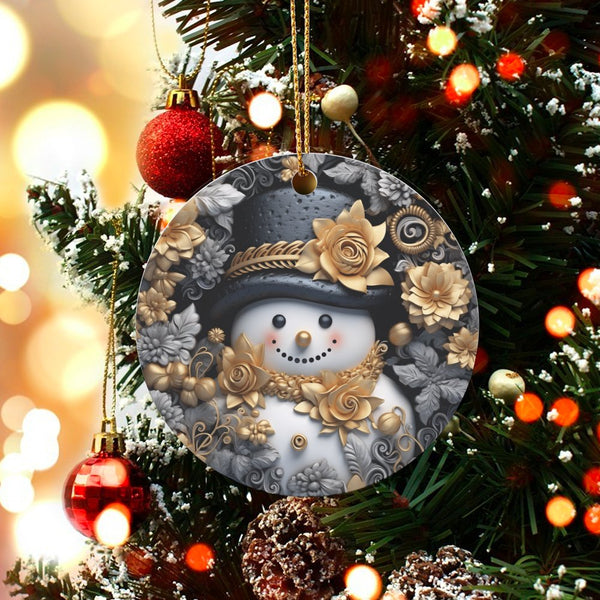 Gold and Silver Floral Snowman Ornament, Elegant Snowman Christmas Ornament, Ceramic Holiday Tree Ornament, Festive Winter De