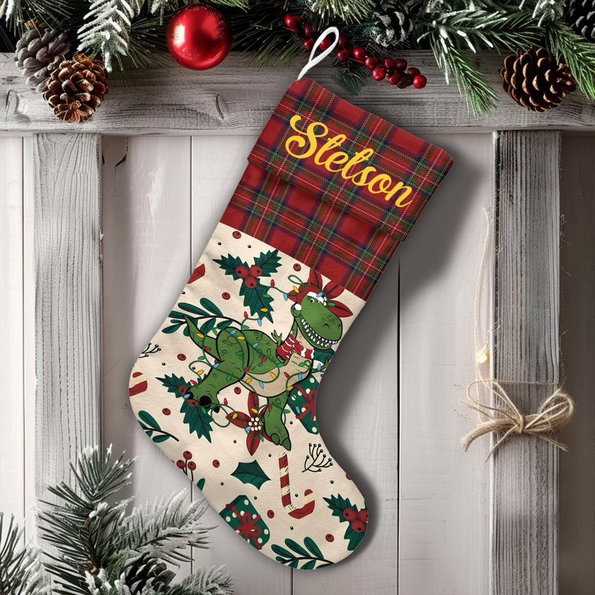 Adorable T-Rex Holiday Stocking, Personalized Dinosaur Christmas Stocking, Plaid Cuff Custom Kids Christmas Stocking, Festive