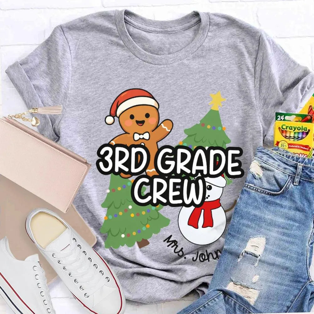 Snowman Tree Custom Holiday Shirt, Personalized Third Grade Crew Christmas T-Shirt, 3rd Grade Teacher Tee, Custom School Chri