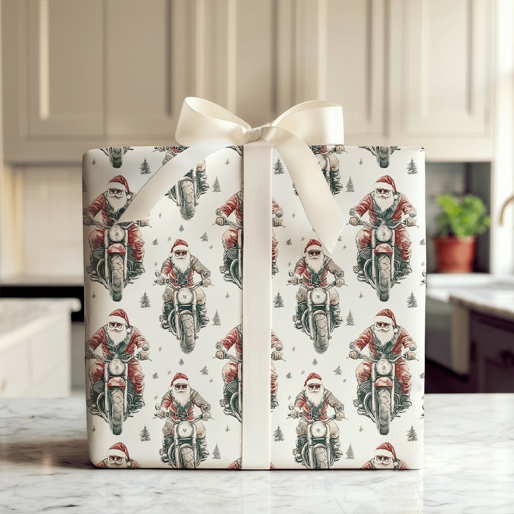 Motorcycle Christmas Gift Wrap, Biker Santa Wrapping Paper, Cool Santa Holiday Wrapping Paper, Retro Motorcyclist Xmas Gift W