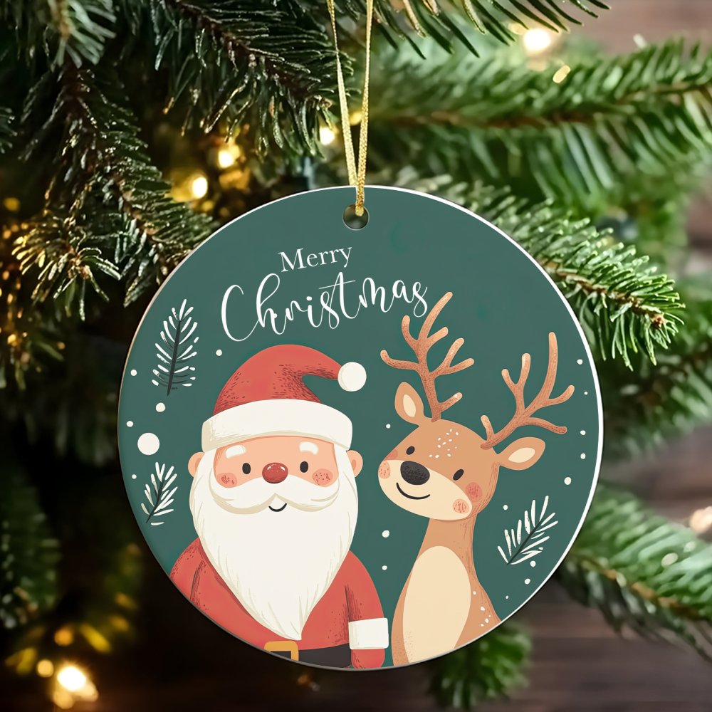 Ceramic Holiday Tree Ornament, Merry Christmas Santa and Reindeer Ornament, Festive Christmas Keepsake Ornament, Family Xmas 