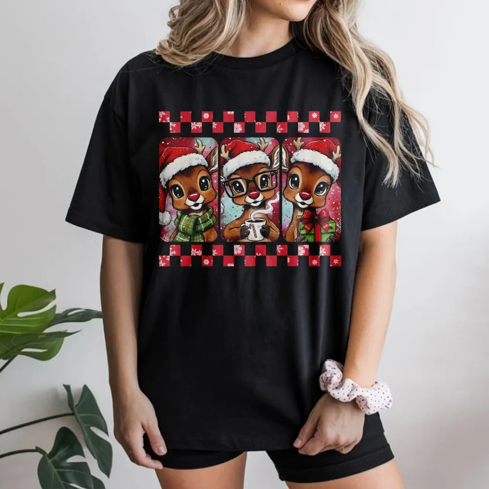 Retro Festive Reindeer Shirt, Adorable Christmas Reindeer T-Shirt, Aesthetic Holiday Graphic Tee, Winter Xmas Tee, Comfy Holi