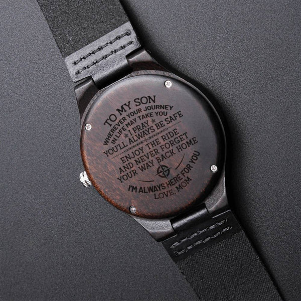 Sandalwood Mens Watch with Leather Band, To My Son Engraved Wooden Watch, Japanese Quartz Timepiece, Christmas Birthday Prese